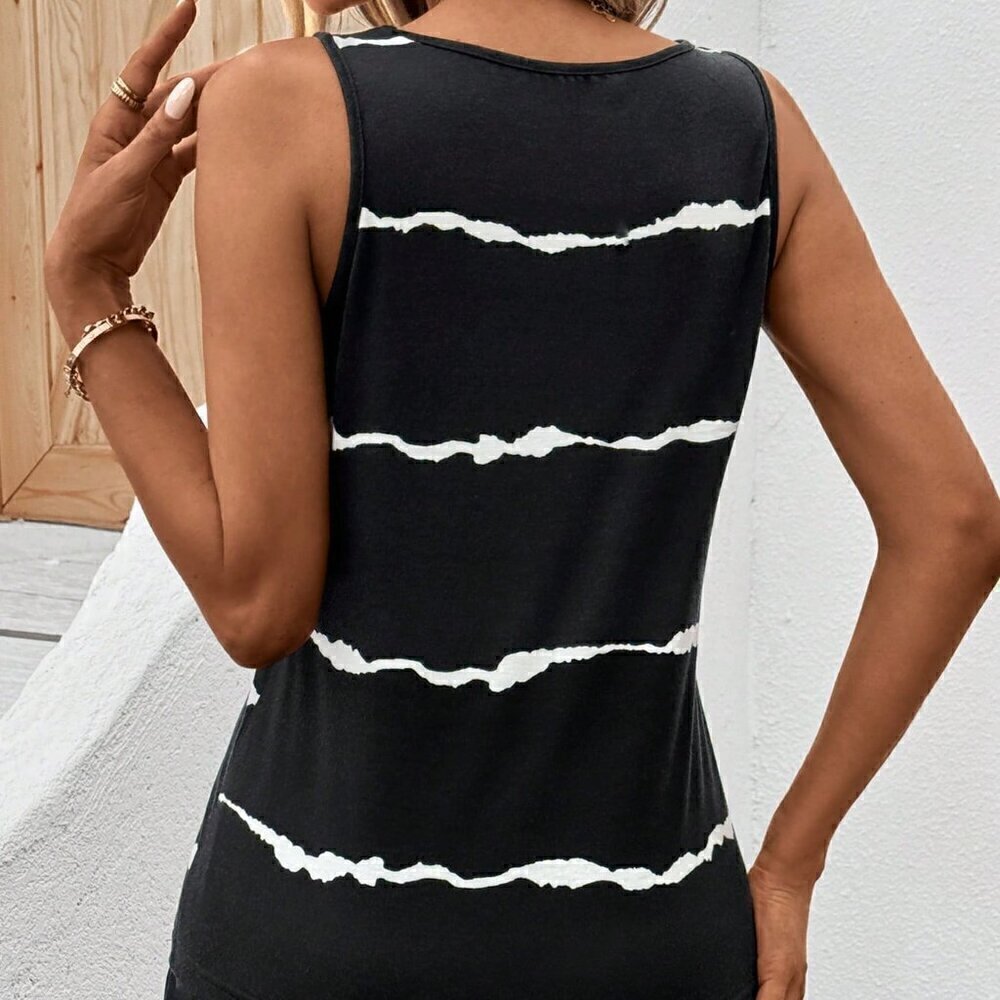 Black and White Casual Women's Printed Sleeveless Top And Shorts Set - Picture 2 of 5